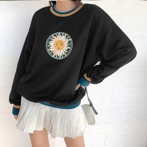 YesStyle Black Contrast Trim Sweatshirt with Sun Decal Detail